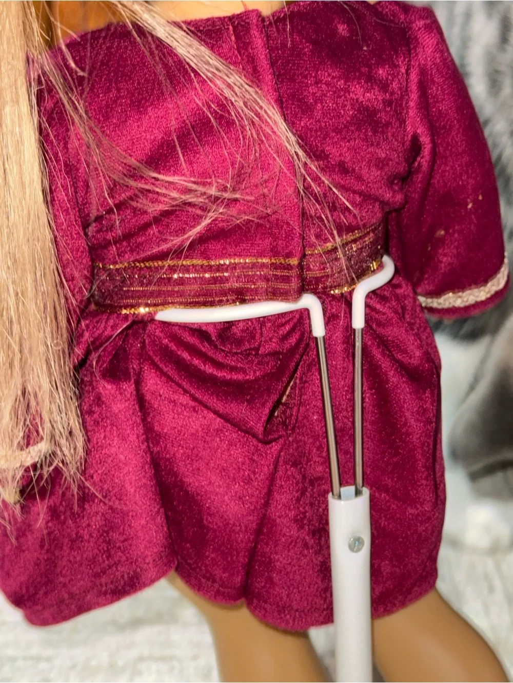 18” doll maroon Velvet dress with gold bow sash around waist